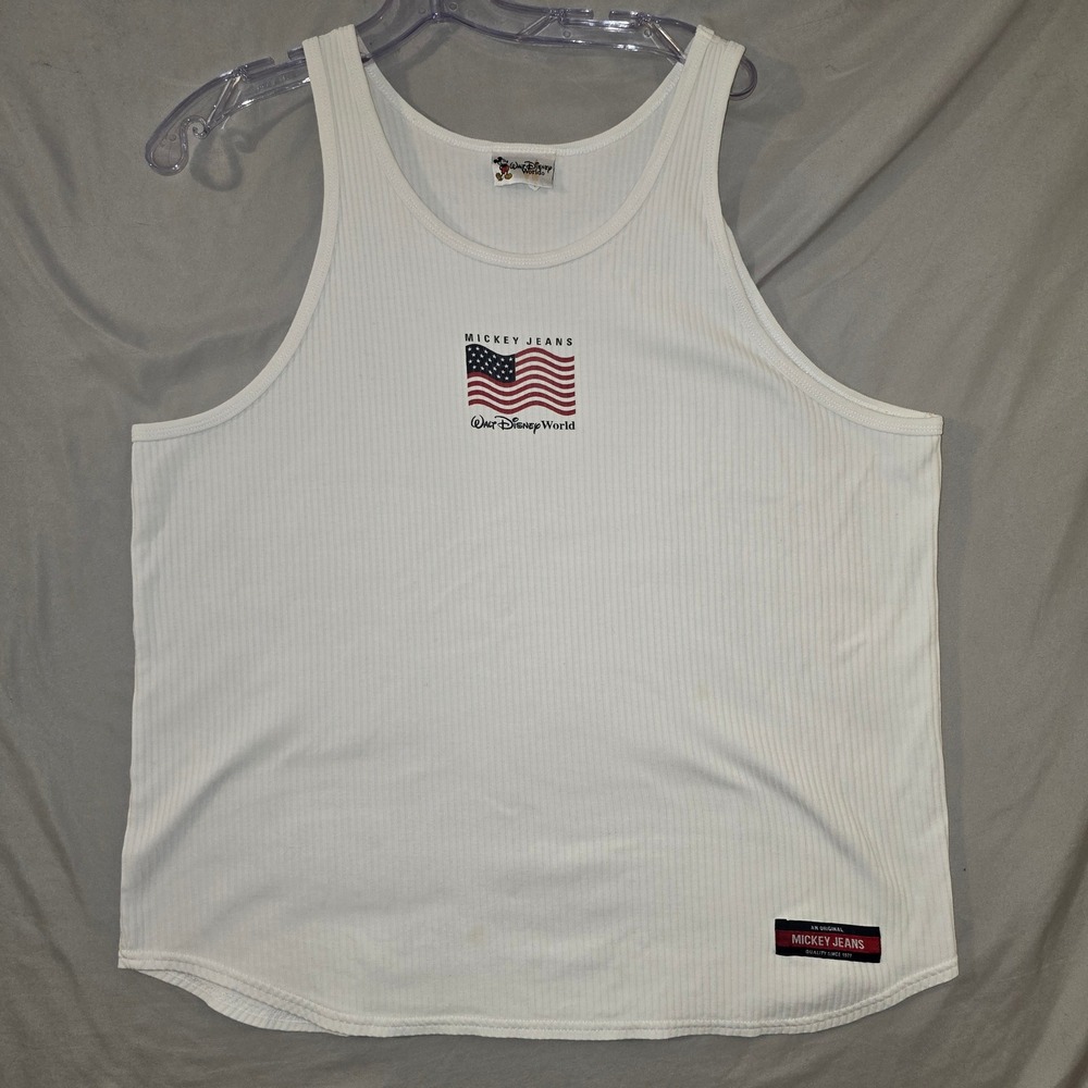 Walt Disney World Tank Top Large Women White Mickey Jeans American Flag Ribbed
